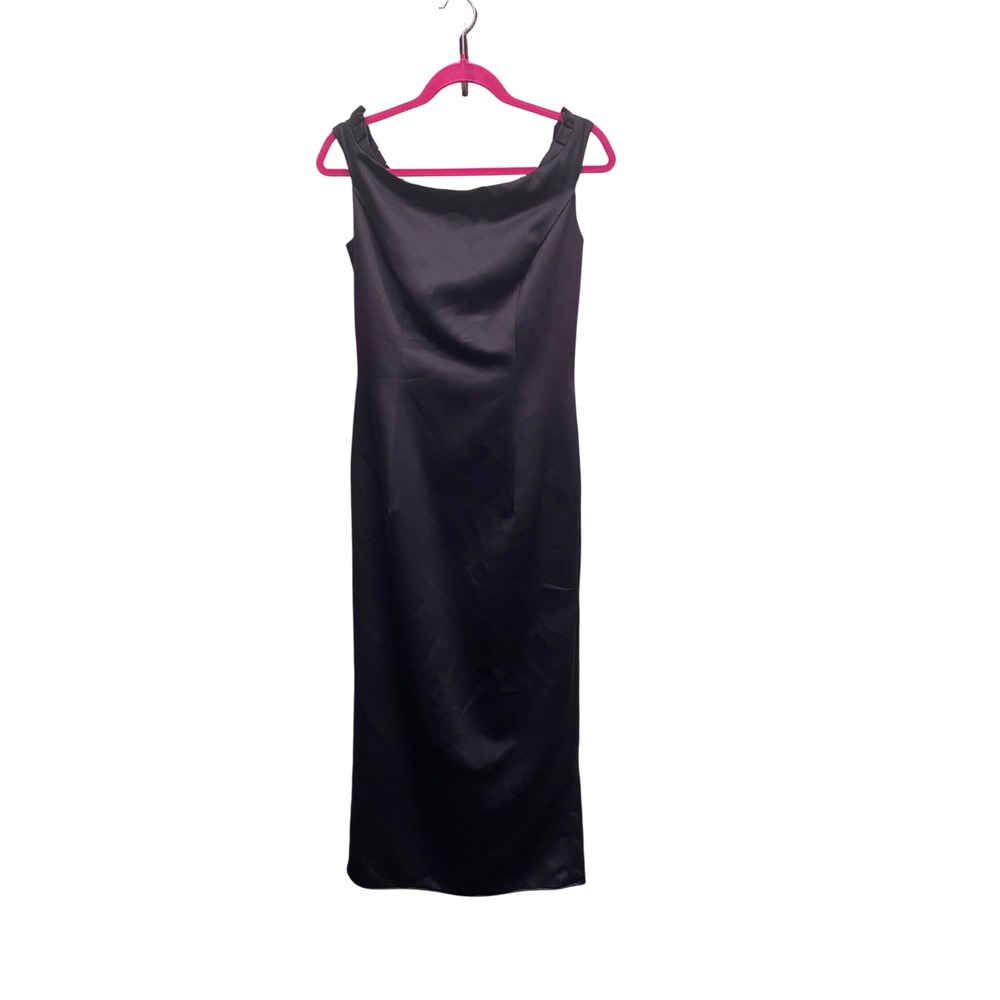 Bianchi Black Satin Ruffle Trim Sheath Dress Vintage Formal Midi Square Neck 12